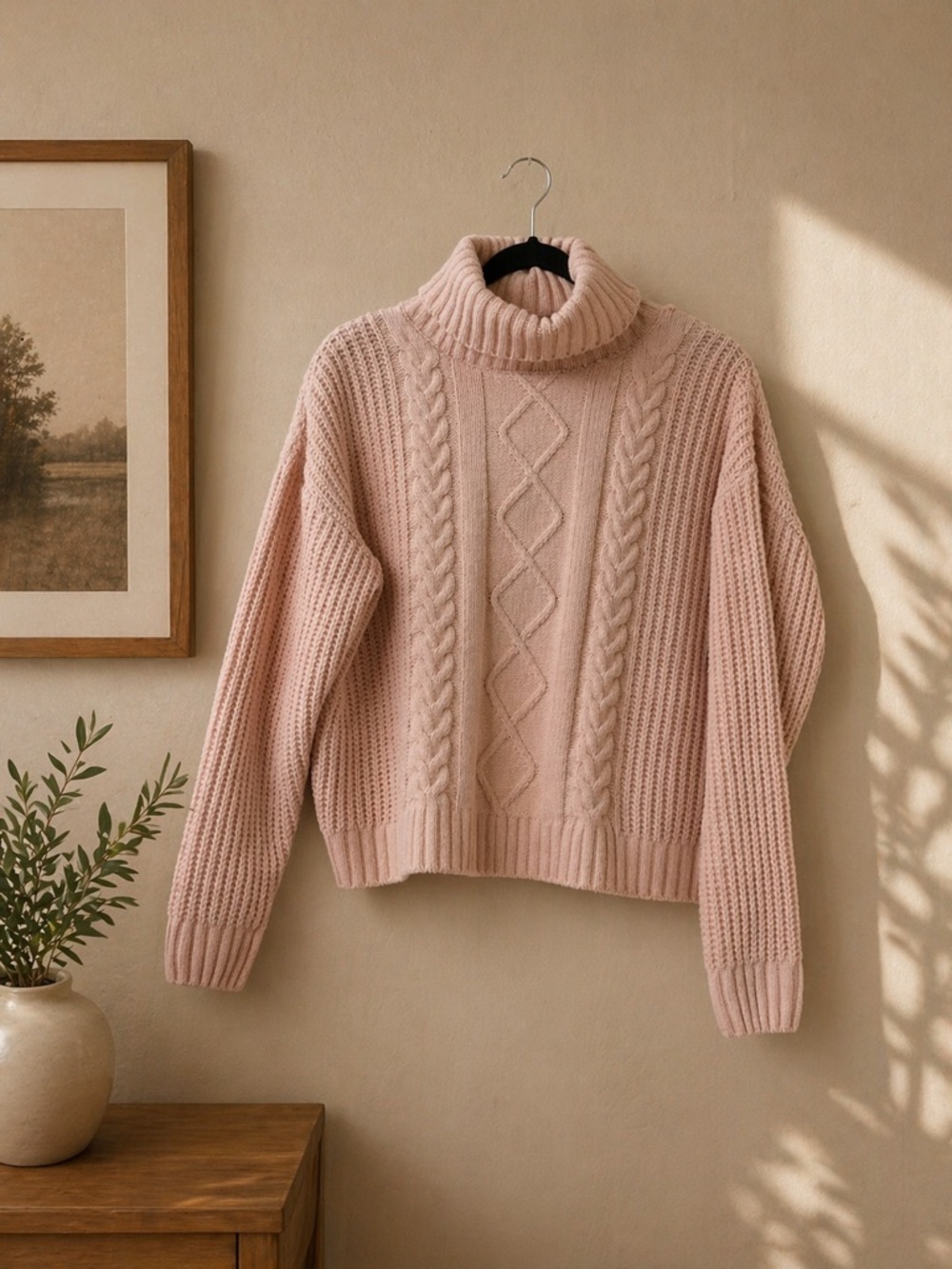 Cozy Cable-Knit Turtleneck Sweater - Pink Crop Top - Picture 2 of 2